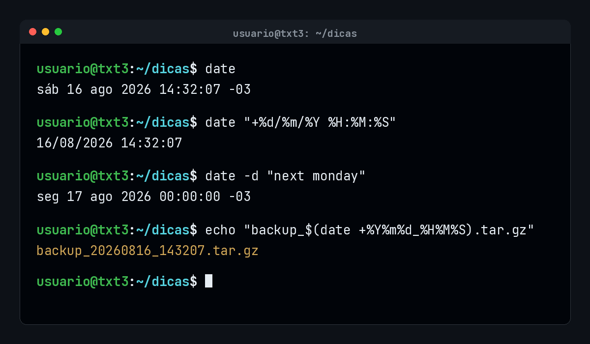 Terminal Linux exibindo a saída do comando date